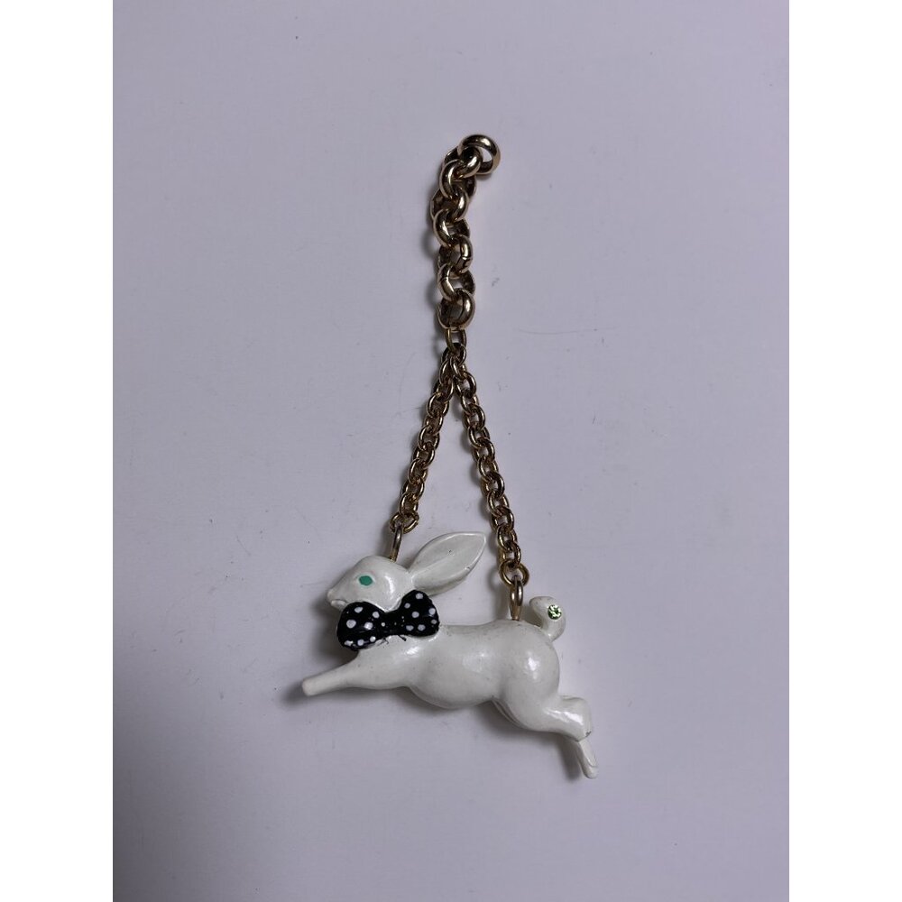 Vintage White Rabbit Pendant Charm Black Polka Dot Bow Tie & Gold-Tone Chain